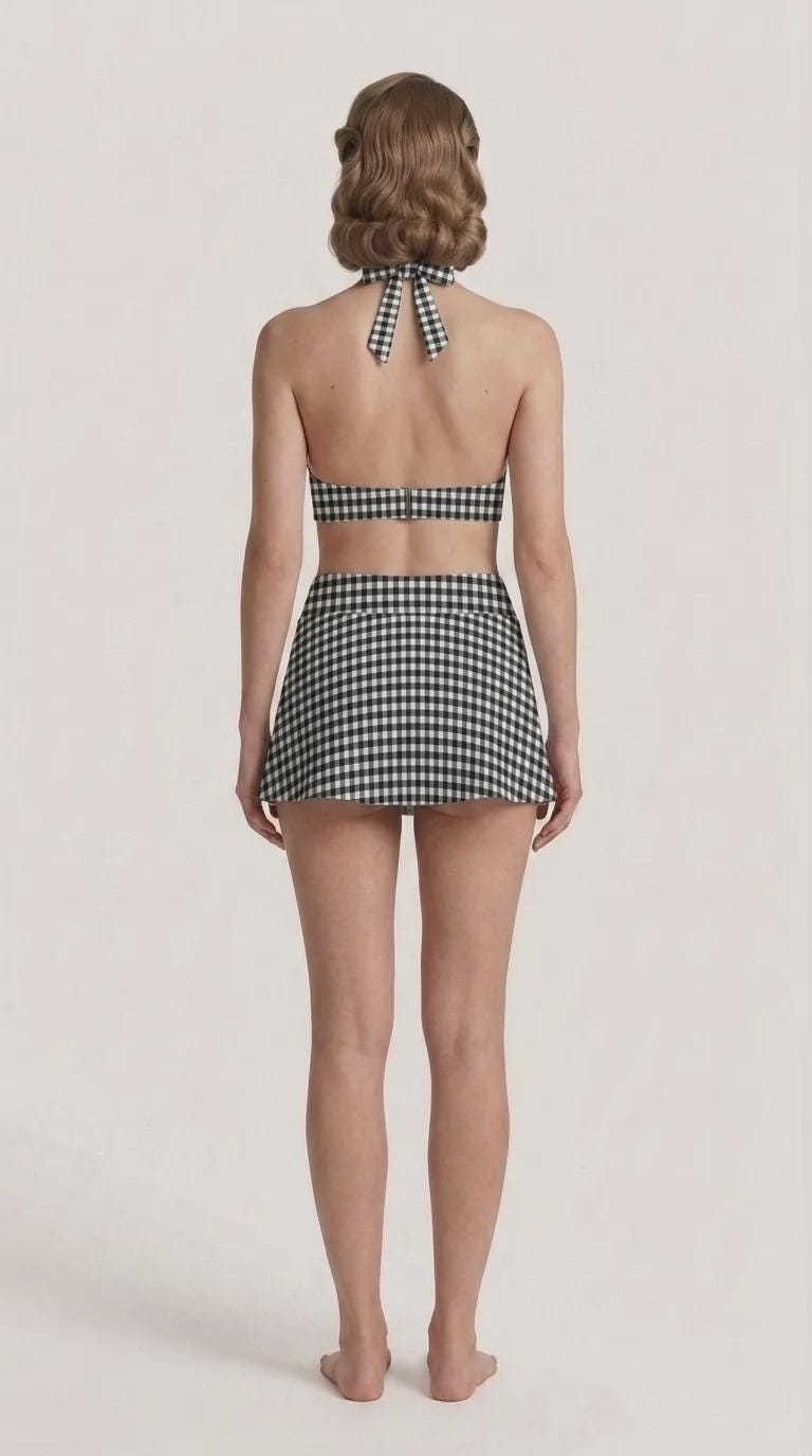 Black Gingham Retro Halter Tankini Skort Swim Set with Integrated Bottoms
