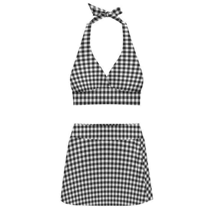 Black Gingham Retro Halter Tankini Skort Swim Set with Integrated Bottoms