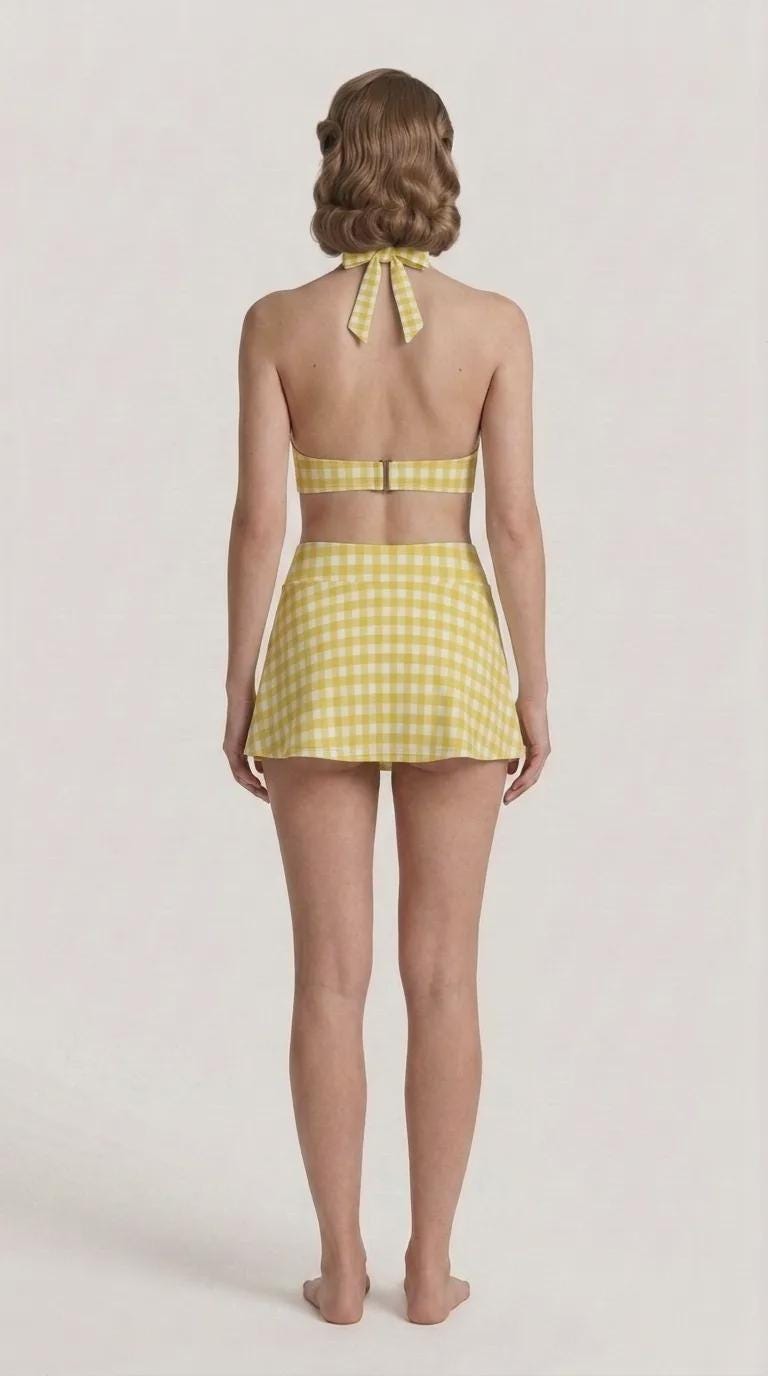 Yellow Gingham Retro Halter Tankini Skort Swim Set with Integrated Bottoms