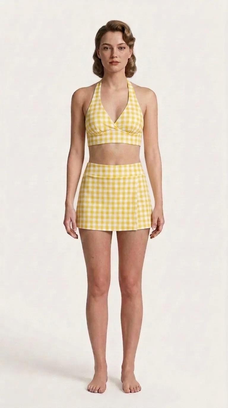 Yellow Gingham Retro Halter Tankini Skort Swim Set with Integrated Bottoms