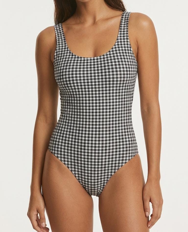 Retro Black & White Gingham Checkered One-Piece Swimsuit Backless Scoop Neck Groovy Mod Vintage-Inspired