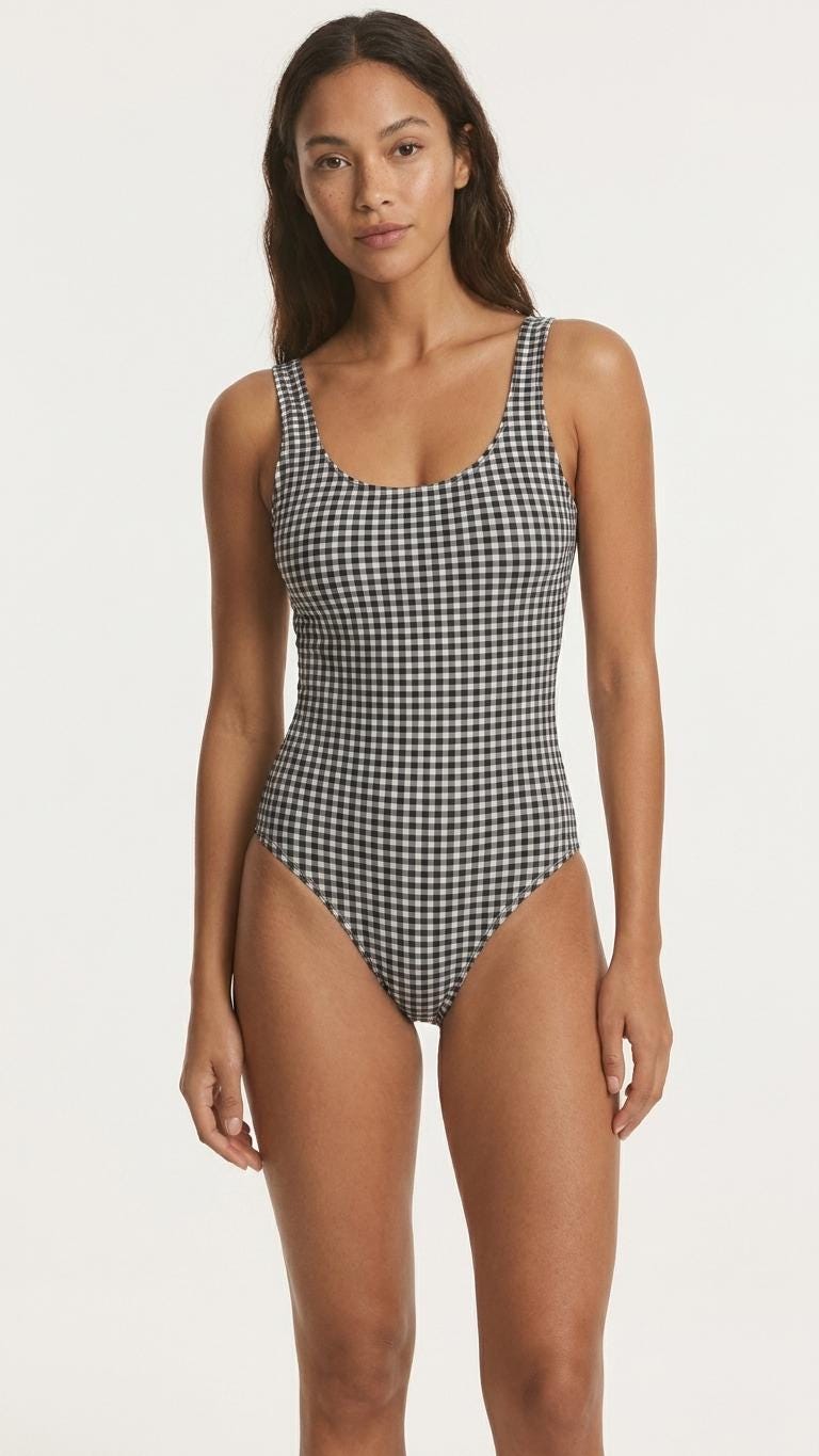Retro Black & White Gingham Checkered One-Piece Swimsuit Backless Scoop Neck Groovy Mod Vintage-Inspired