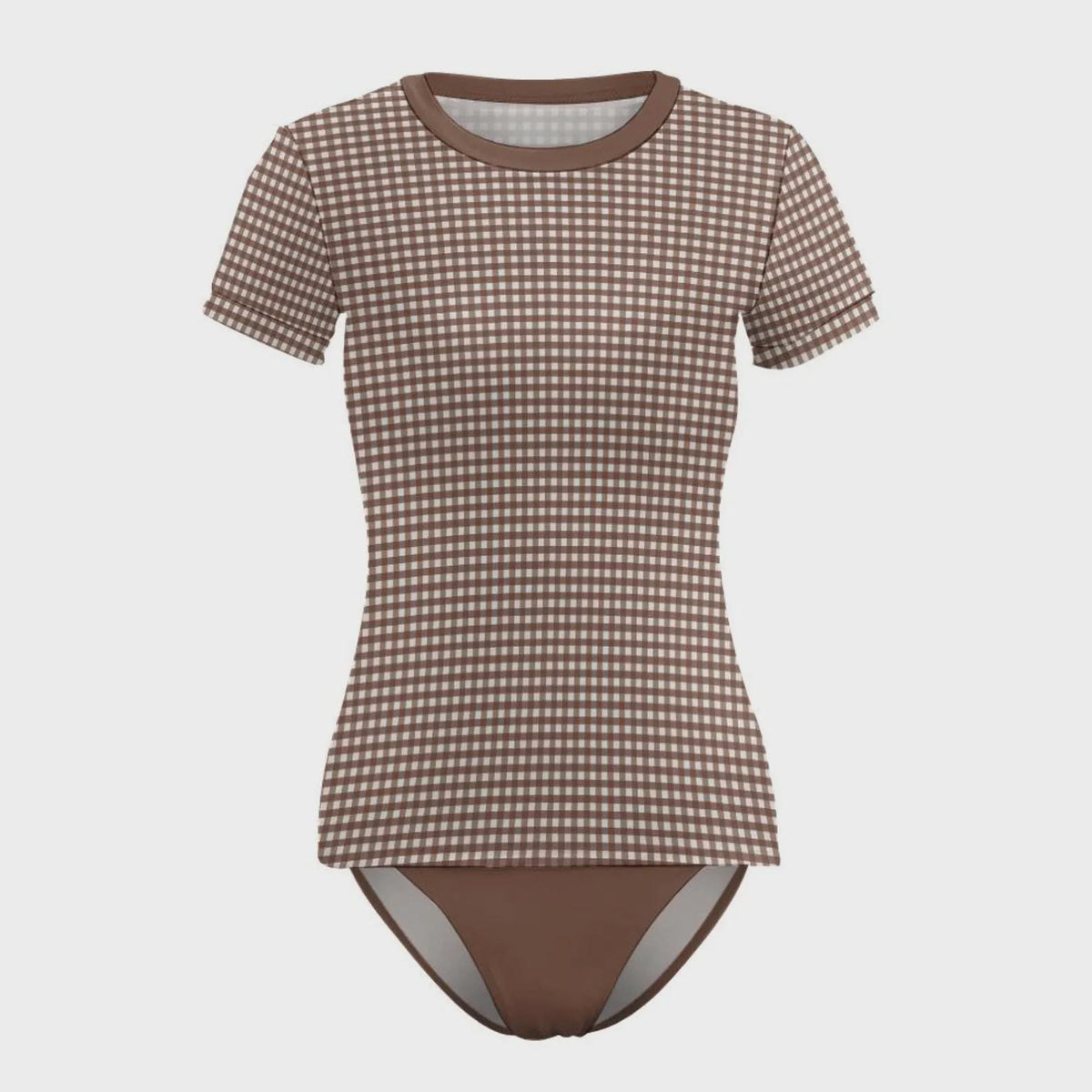 Retro Surf Bikini Set – Stylish Short-Sleeve Rash-Guard & Briefs Tankini | 1970s Brown Gingham
