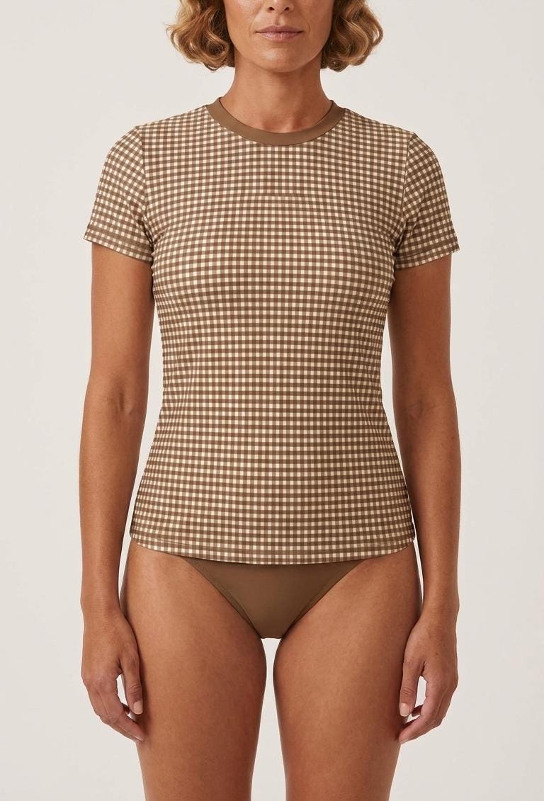 Retro Surf Bikini Set – Stylish Short-Sleeve Rash-Guard & Briefs Tankini | 1970s Brown Gingham