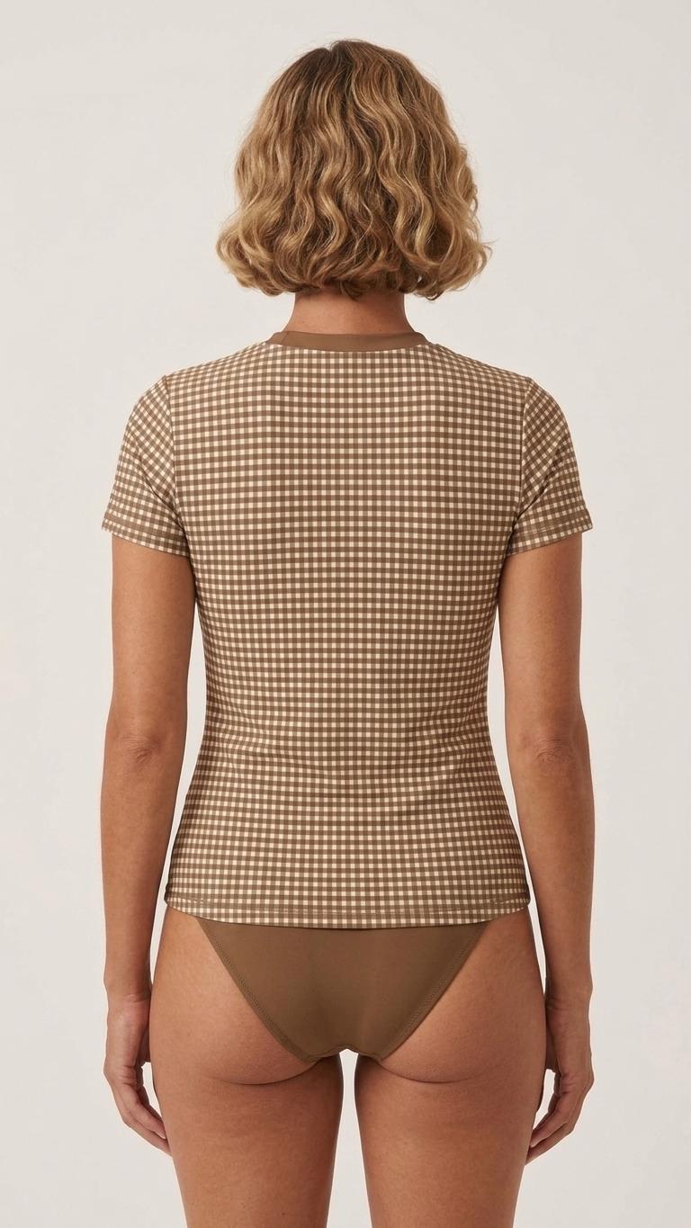 Retro Surf Bikini Set – Stylish Short-Sleeve Rash-Guard & Briefs Tankini | 1970s Brown Gingham