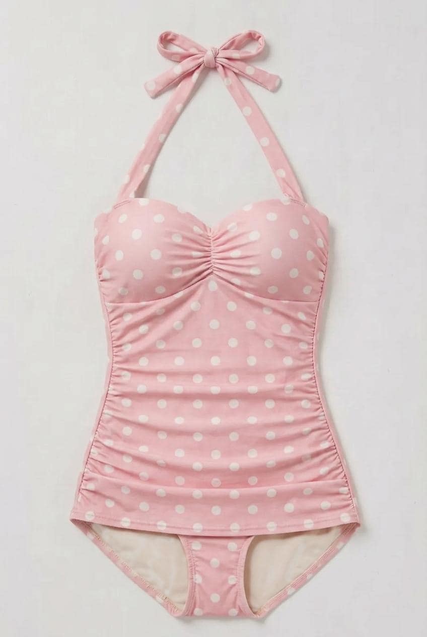 Retro Pale Pink Polka Dot Sweetheart One-Piece Swimsuit, 50s Pin Up, Padding & Tummy Control