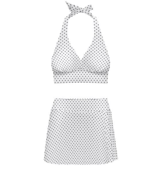 Off-White Polka Dot Retro Halter Tankini Skort Swim Set with Integrated Bottoms