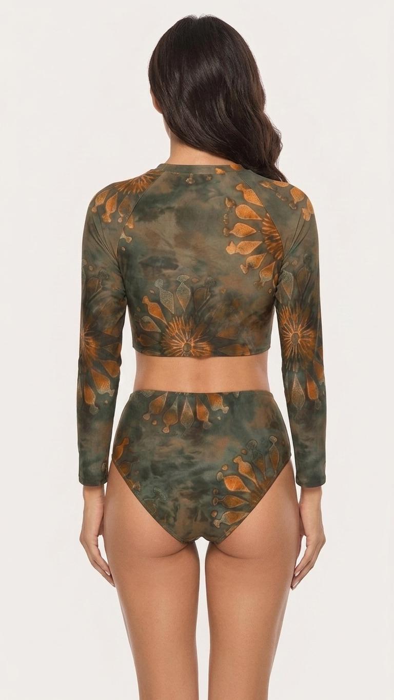 Retro Sporty Long-Sleeve Crop-Top Bikini | High-Waist Two-Piece Swimwear | S-2XL | Boho Tie-Dye Grey Batik Print