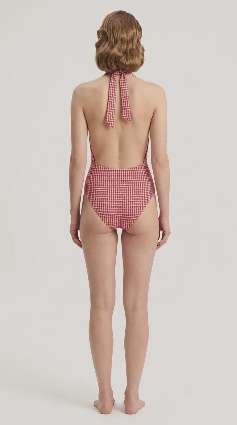 Retro Halter One Piece Swimsuit – Vintage-Style, High-Waisted – Red Houndstooth