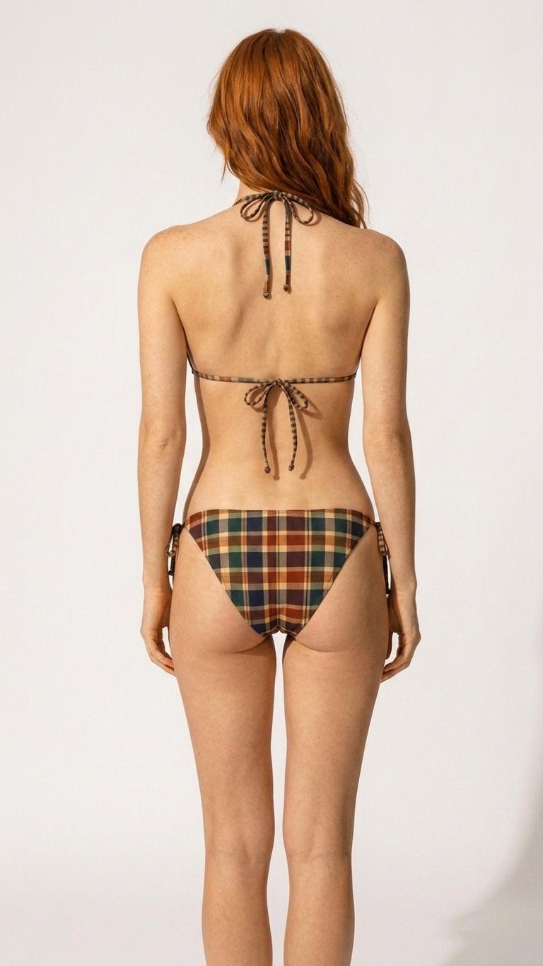 Vintage Print-Effect Plaid Triangle Bikini Set, Removable Pads, Halter String Tie-Up Swimsuit, 2 Colours