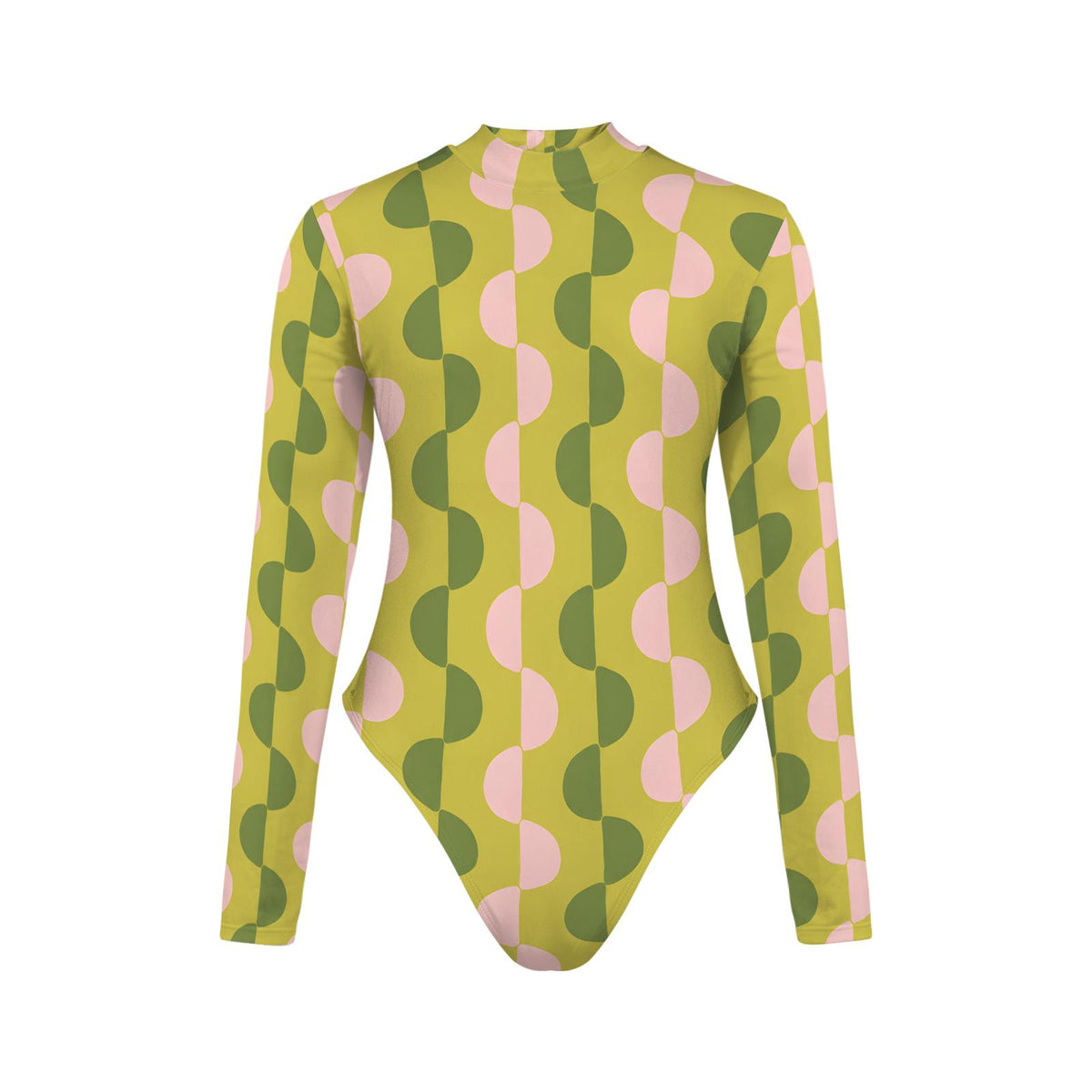 Retro Mod-Stye Long-Sleeve Swimsuit with Open Back - Lined & Padded - Green