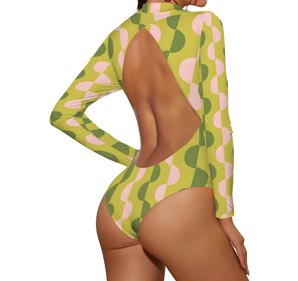 Retro Mod-Stye Long-Sleeve Swimsuit with Open Back - Lined & Padded - Green