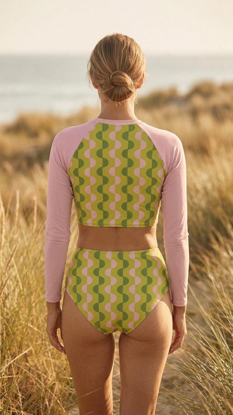 60s Retro Surf Sporty Long-Sleeve Crop-Top Bikini | High-Waist Two-Piece Swimwear | Green & Pink