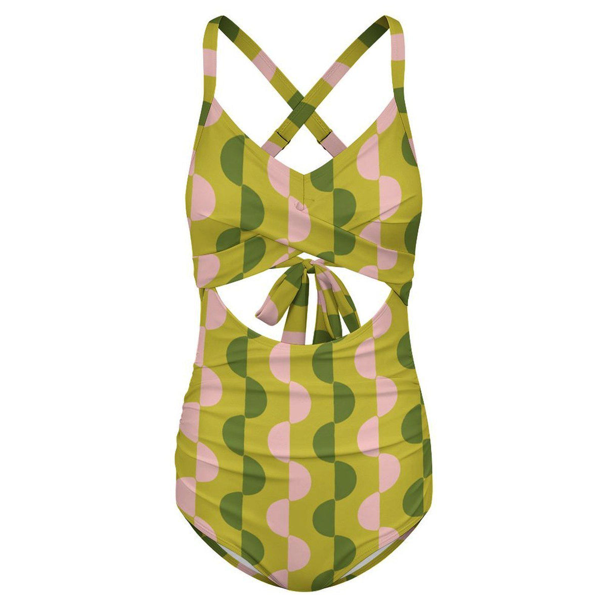 Mod Green Cut-Out One-Piece Swimsuit, Lace-Up Back & Ruching, Pin-Up Vibes