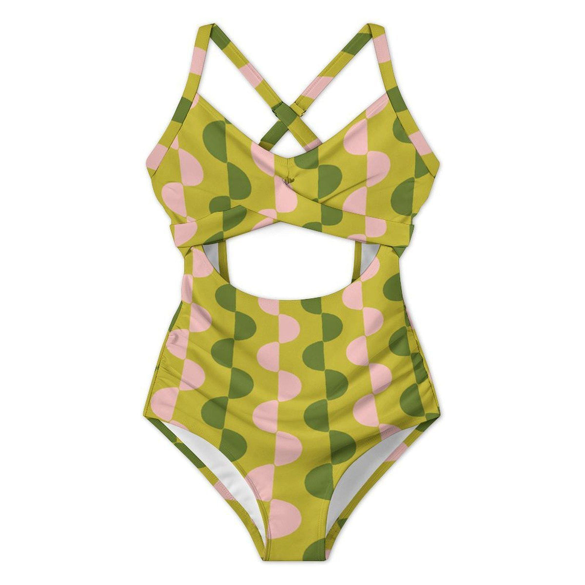 Mod Green Cut-Out One-Piece Swimsuit, Lace-Up Back & Ruching, Pin-Up Vibes