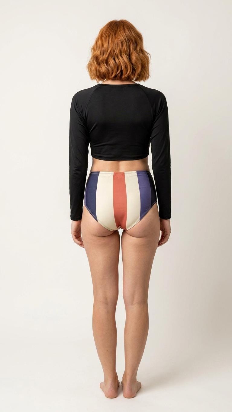 70s Retro Surf Sporty Long-Sleeve Rash Guard Bikini | High-Waist Two-Piece Swimsuit | Black, Large Stripes