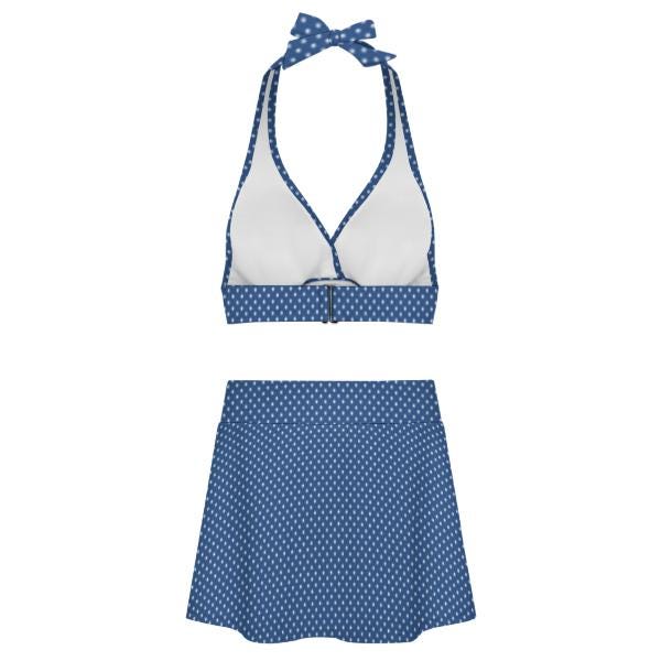 Blue Polka Dot Retro Halter Tankini Skort Swim Set with Integrated Bottoms