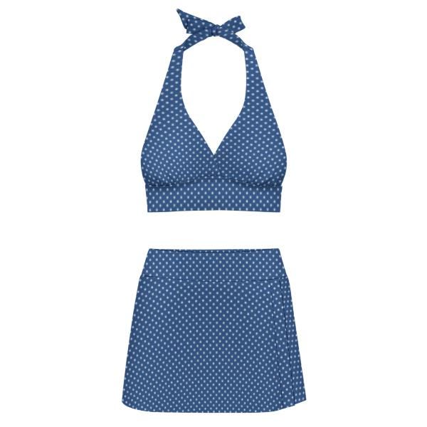 Blue Polka Dot Retro Halter Tankini Skort Swim Set with Integrated Bottoms