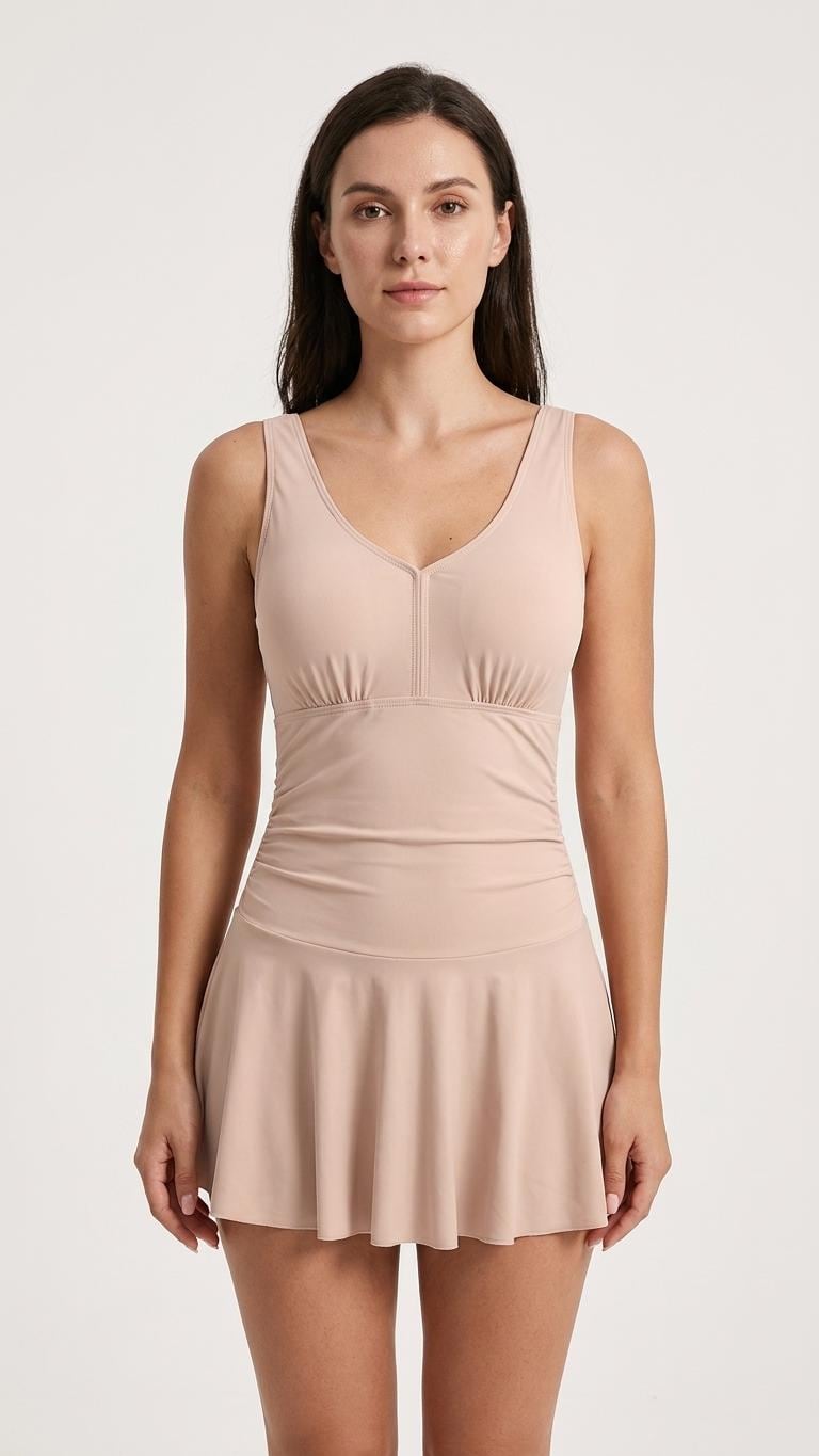 Retro Pleated Swim Dress with Matching Bottoms, Vintage-Inspired Modest Tankini, Blush