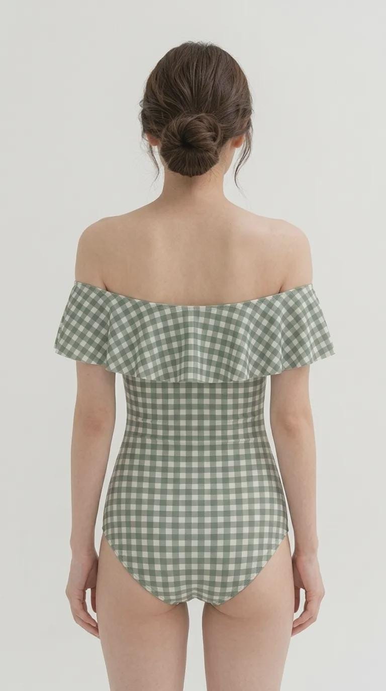 Retro Bardot Sage Green Gingham One-Piece Swimsuit – Coquette Off-Shoulder Flounce Bathing Suit, Vintage-Inspired Swimwear