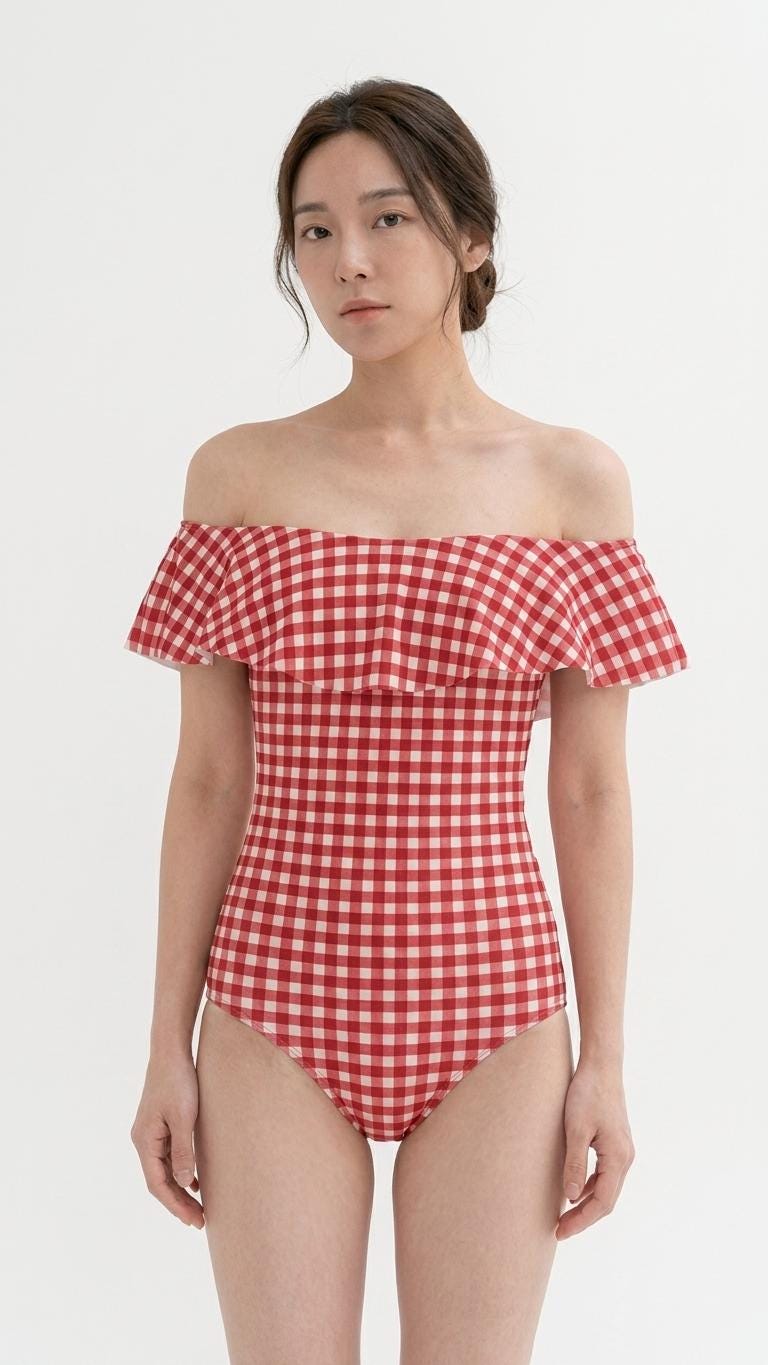 Retro Bardot Red Gingham One-Piece Swimsuit – Coquette Off-Shoulder Flounce Bathing Suit, Vintage-Inspired Swimwear