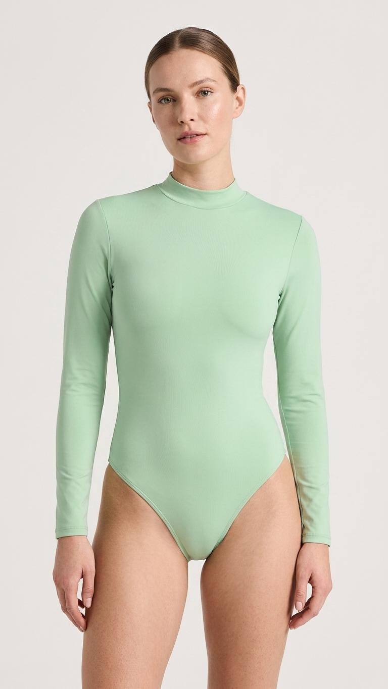 Mint Long Sleeve Back Zipper Swimsuit, One-Piece Surf Swimwear, Lightweight & Sheer, Soft Chest Pads