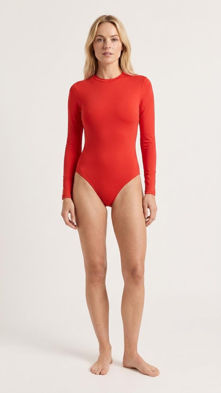 Retro Look Long-Sleeve One-Piece Swimsuit - Back Zipper - Lightweight - Soft Chest-Pads - Scarlet Red