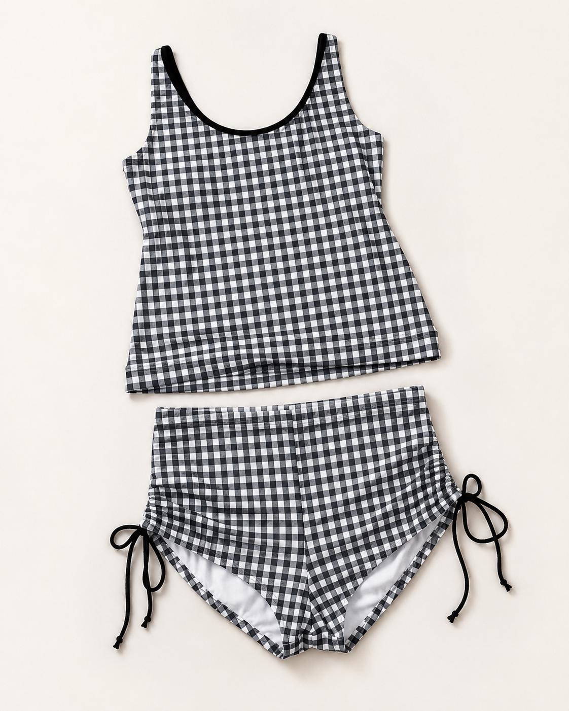 Black Gingham Drawstring Tankini Set with Boyshorts