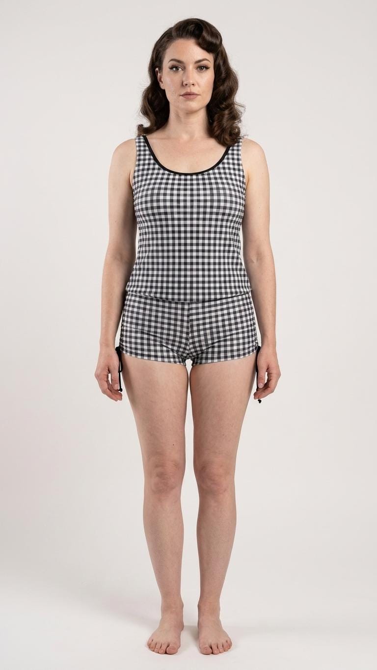 Black Gingham Drawstring Tankini Set with Boyshorts