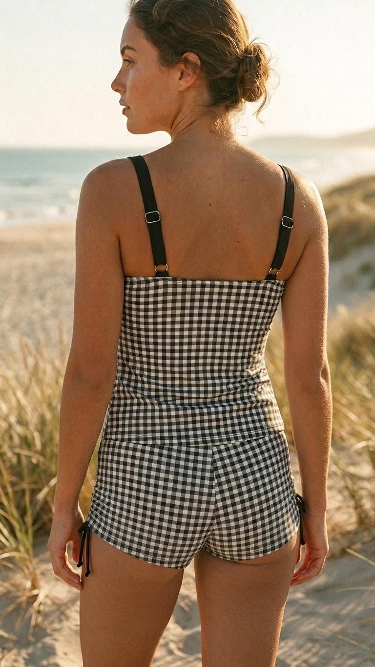 Black Gingham Drawstring Tankini Set with Boyshorts