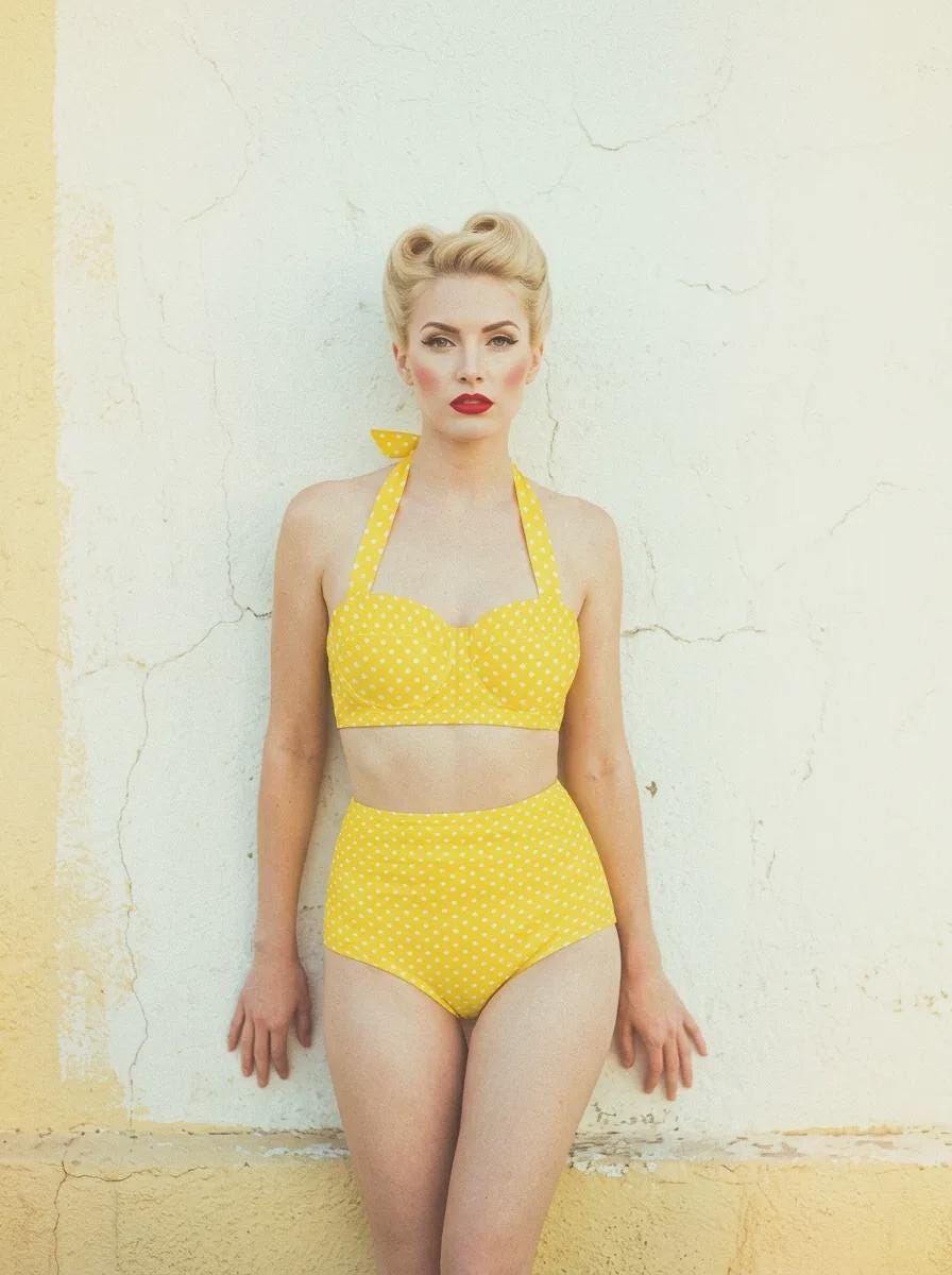 Retro Sweetheart High-Waist Ruched Bikini, Pin Up-Inspired Halter Swimsuit, Yellow & White Polka-Dot