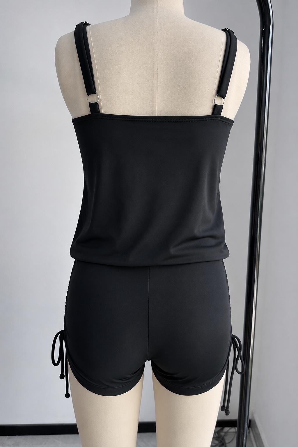 Black Drawstring Tankini Set with Boyshorts