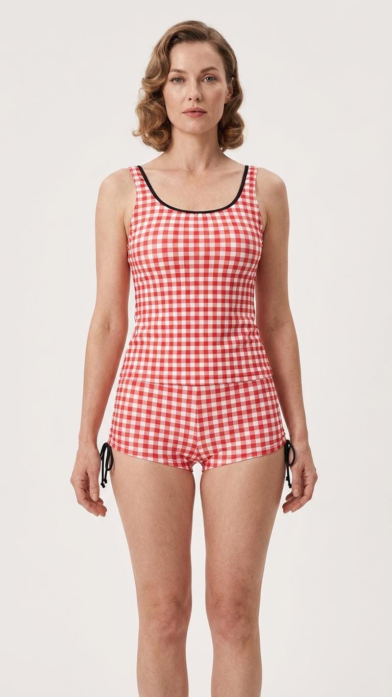 Red Gingham Drawstring Tankini Set with Boyshorts