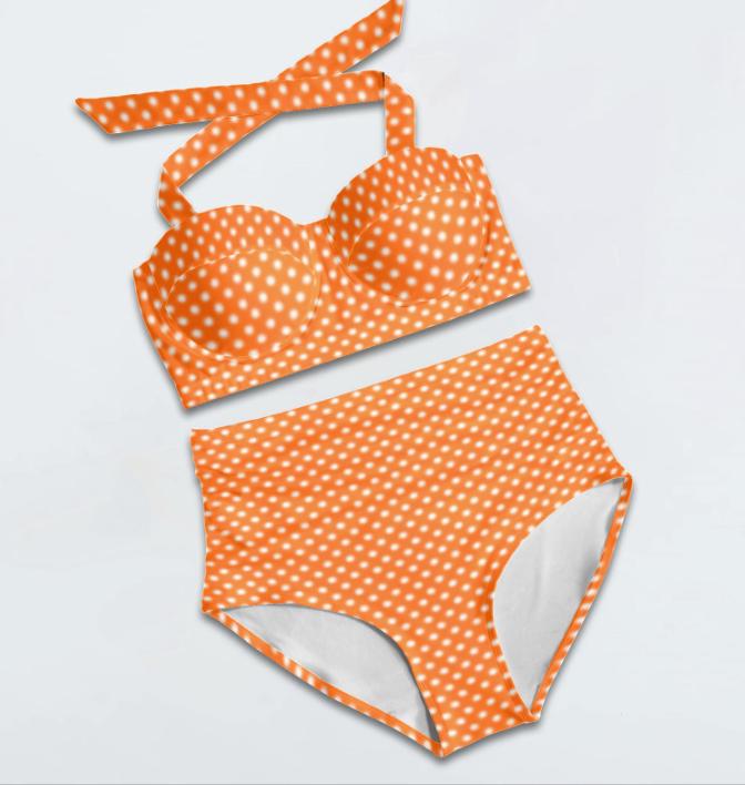 Retro Sweetheart High-Waist Ruched Bikini, Pin Up-Inspired Halter Swimsuit, Yellow & White Polka-Dot