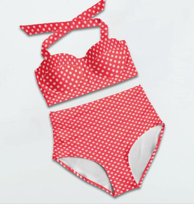Retro Sweetheart High-Waist Ruched Bikini, Pin Up-Inspired Halter Swimsuit, Yellow & White Polka-Dot