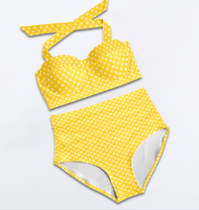 Retro Sweetheart High-Waist Ruched Bikini, Pin Up-Inspired Halter Swimsuit, Yellow & White Polka-Dot