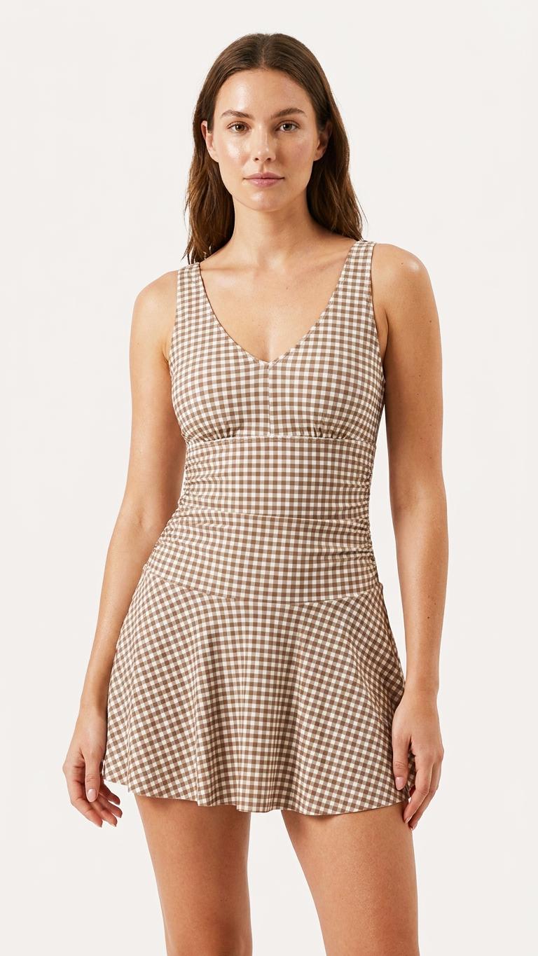 Retro Pleated Swim Dress with Matching Shorts, Vintage-Inspired Modest Tankini, Brown Gingham