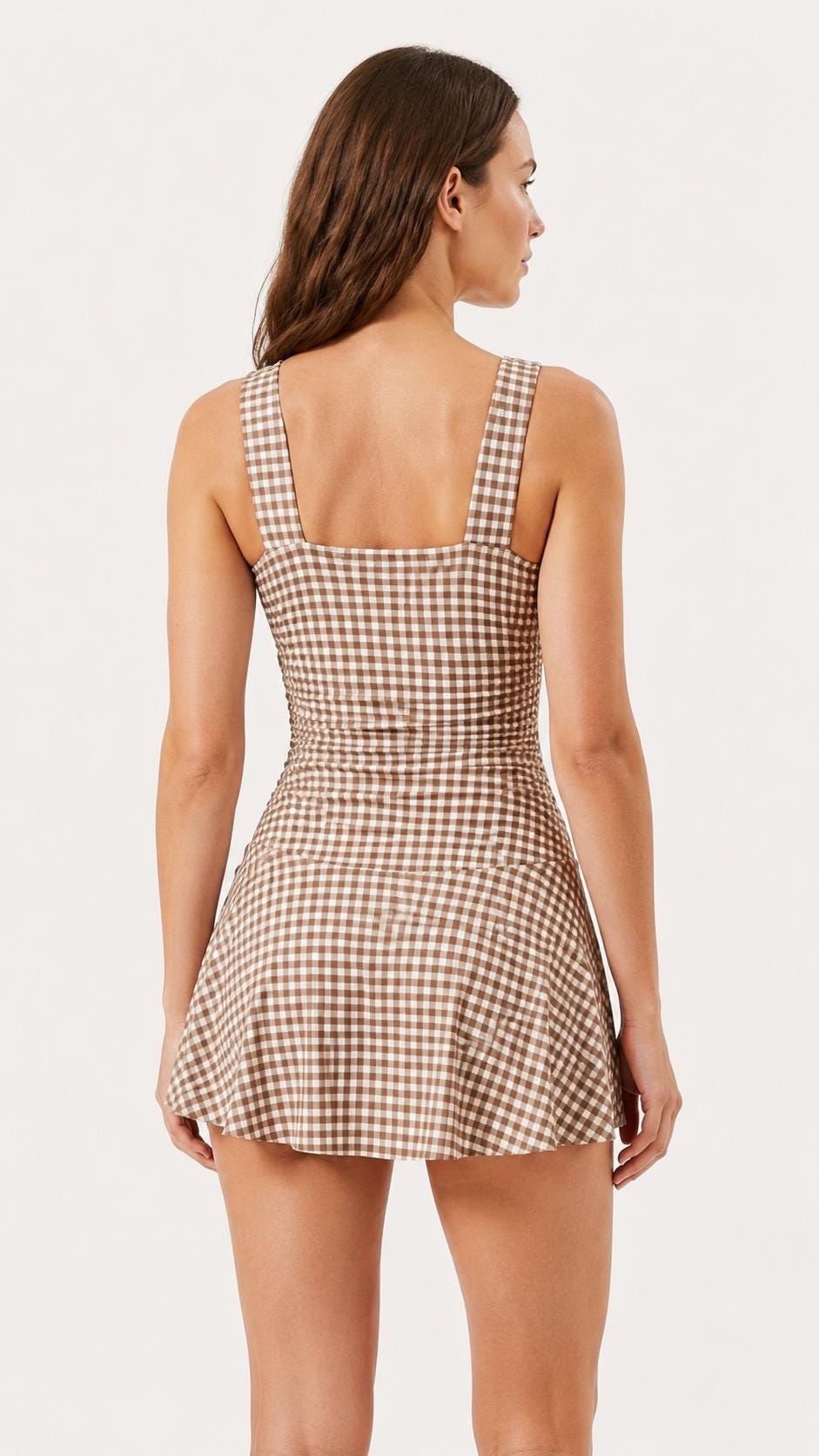Retro Pleated Swim Dress with Matching Shorts, Vintage-Inspired Modest Tankini, Brown Gingham