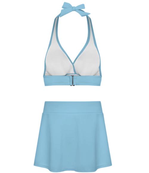 Azure Blue Retro Halter Tankini Skort Swim Set with Integrated Bottoms