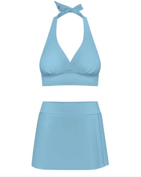 Azure Blue Retro Halter Tankini Skort Swim Set with Integrated Bottoms