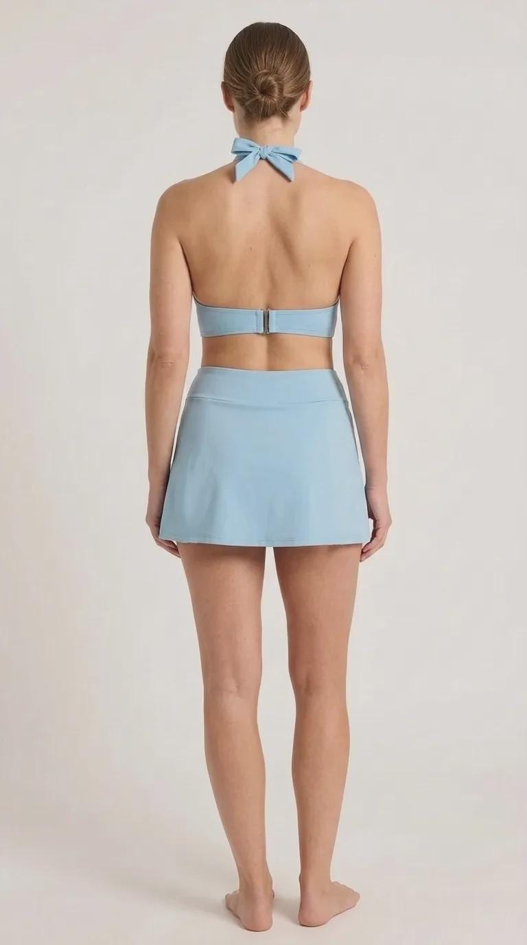 Azure Blue Retro Halter Tankini Skort Swim Set with Integrated Bottoms