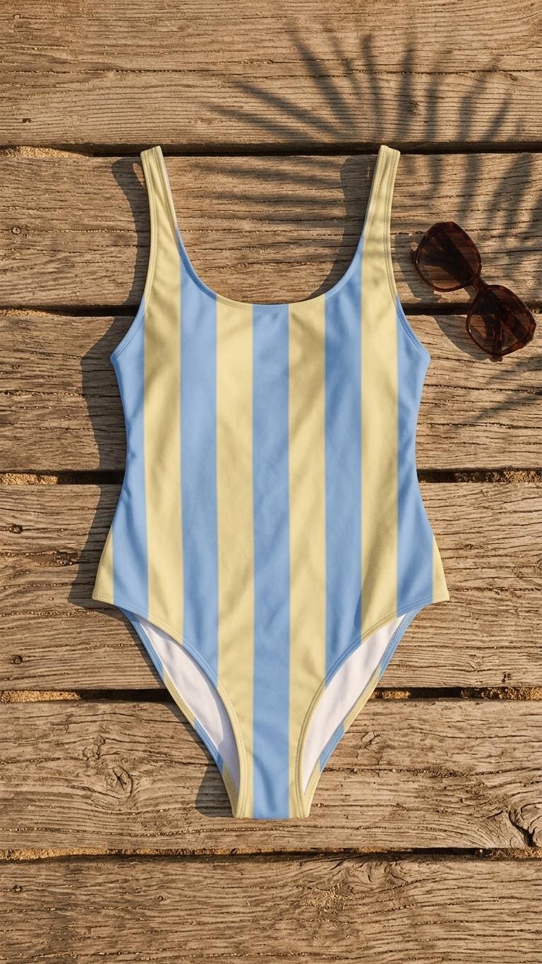 Blue Yellow Striped One Piece Swimsuit – Retro Coastal Summer Bathing Suit