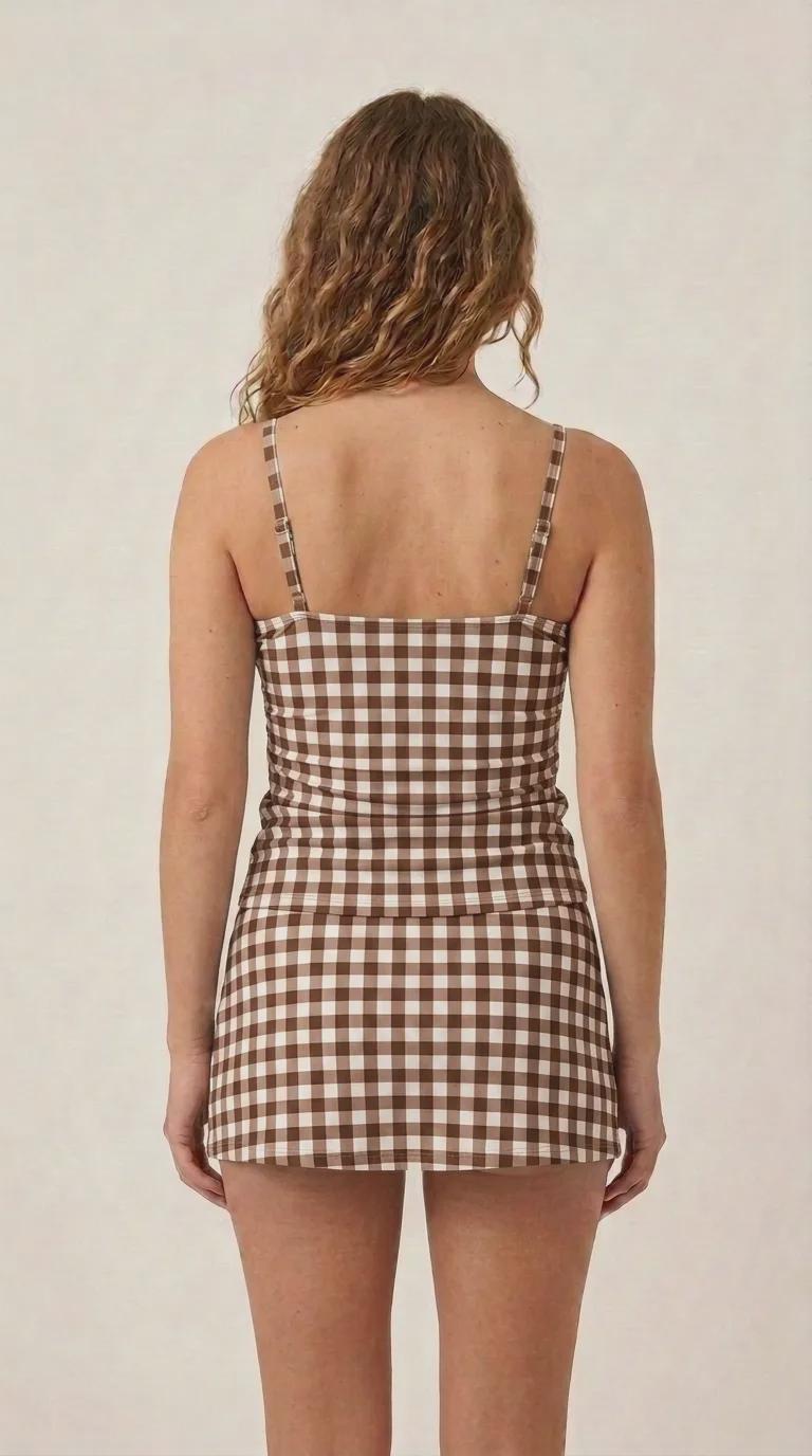 Brown Gingham Retro Tankini Skirt 3-Piece Swim Set