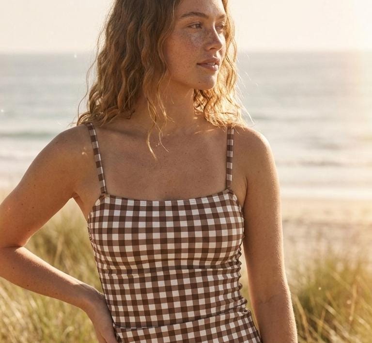 Brown Gingham Retro Tankini Skirt 3-Piece Swim Set