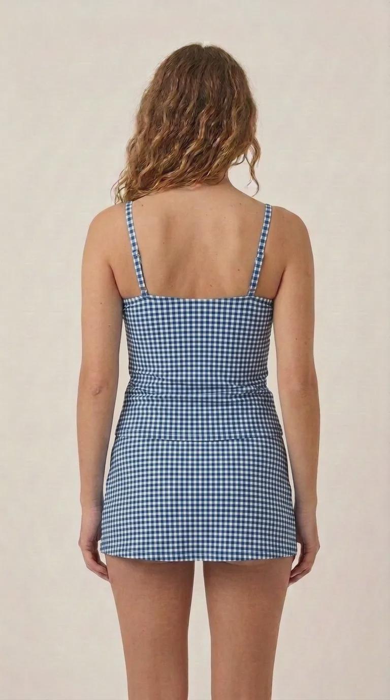 Traditional Blue Gingham Retro Tankini Skirt 3-Piece Swim Set