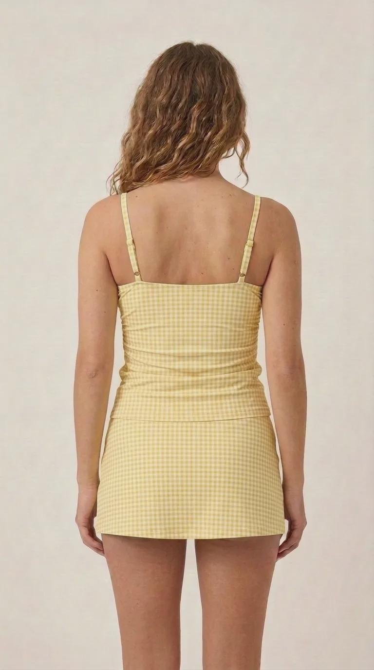 Traditional Yellow Gingham Retro Tankini Skirt 3-Piece Swim Set