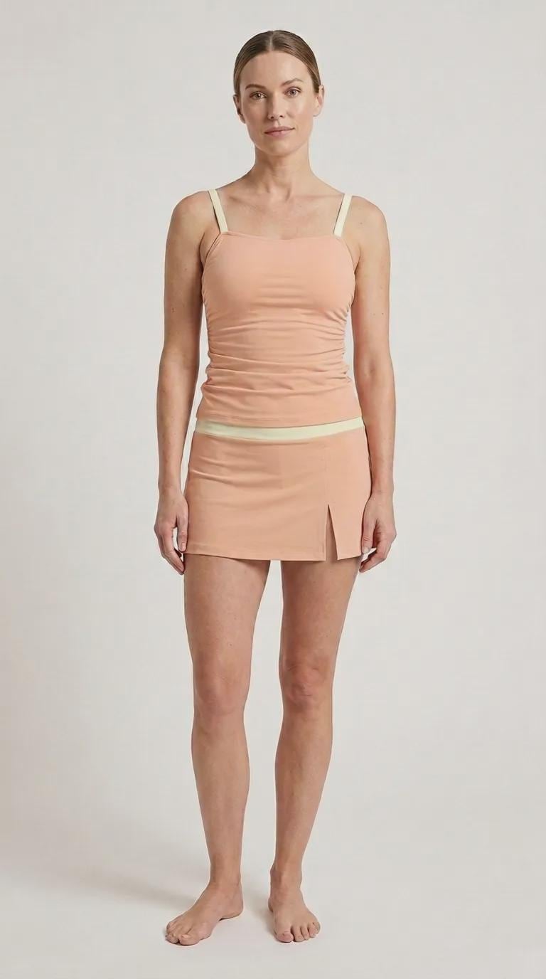Blush Pink and Cream Retro Tankini Skirt 3-Piece Swim Set
