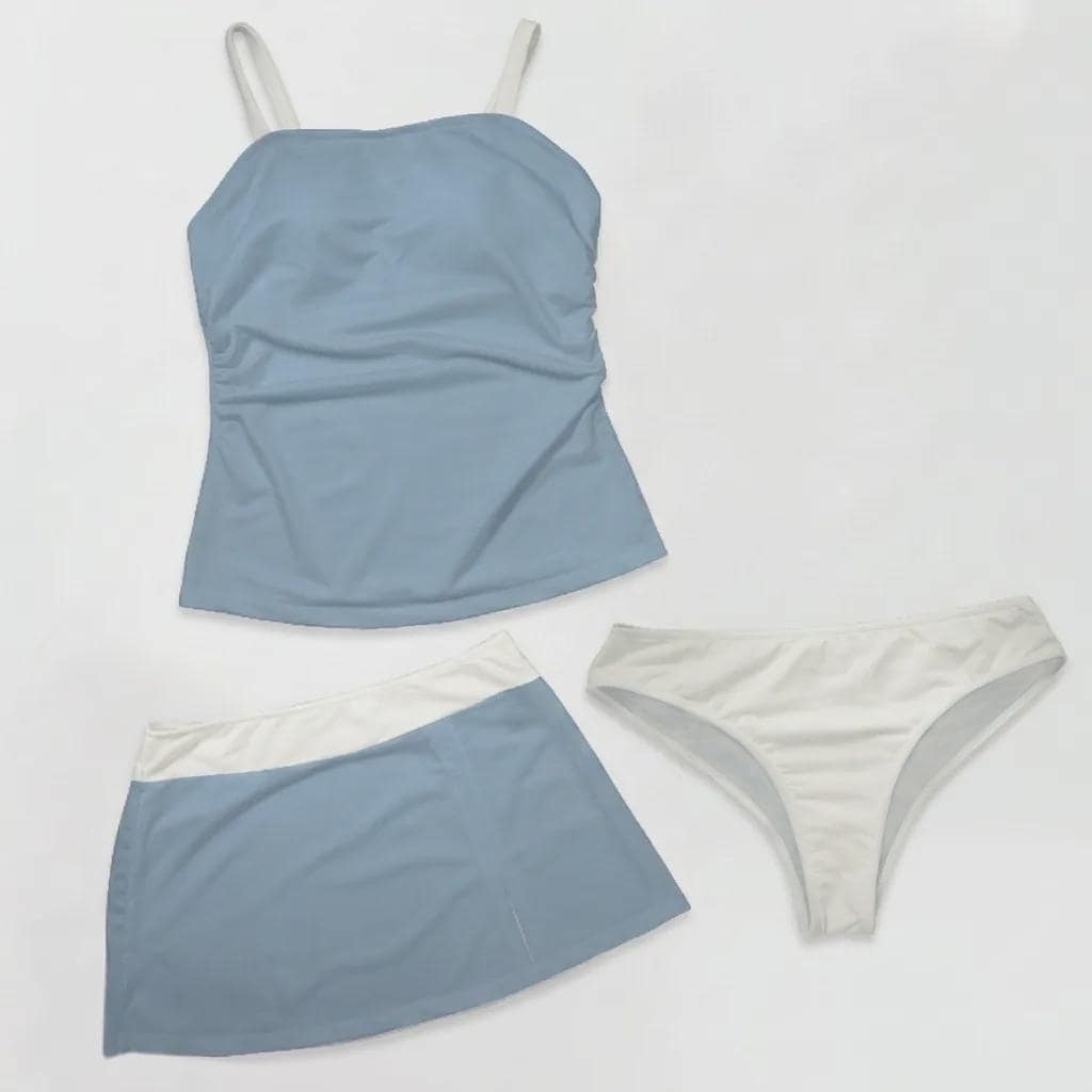 French Blue and White Retro Tankini Skirt 3-Piece Swim Set