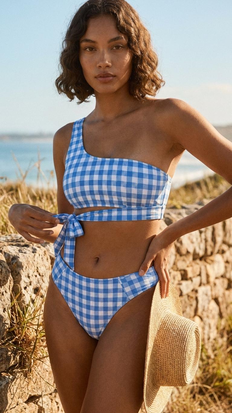 Blue Gingham One-Shoulder Two-Piece Bikini Swimsuit, Fully Lined