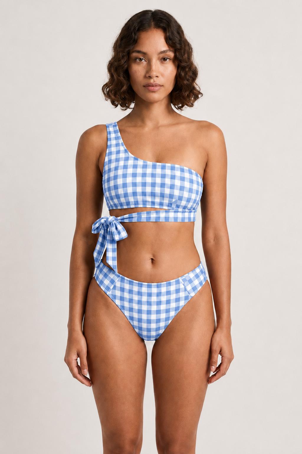 Blue Gingham One-Shoulder Two-Piece Bikini Swimsuit, Fully Lined